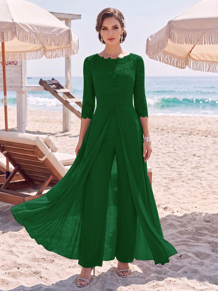 Jumpsuit Scoop 3/4 Sleeves Floor-Length Mother of the Bride Dresses with Applique &amp; Lace
