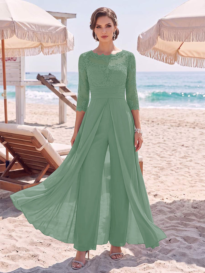 Jumpsuit Scoop 3/4 Sleeves Floor-Length Mother of the Bride Dresses with Applique &amp; Lace