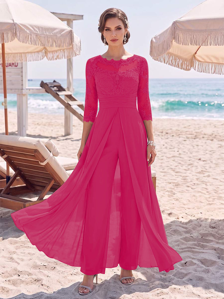 Jumpsuit Scoop 3/4 Sleeves Floor-Length Mother of the Bride Dresses with Applique &amp; Lace