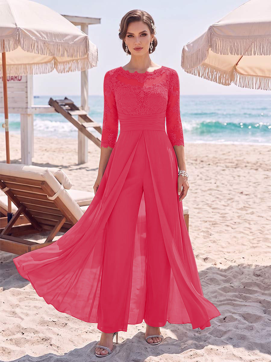 Jumpsuit Scoop 3/4 Sleeves Floor-Length Mother of the Bride Dresses with Applique &amp; Lace
