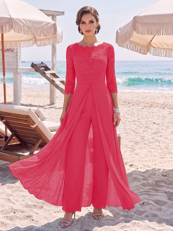 Jumpsuit Scoop 3/4 Sleeves Floor-Length Mother of the Bride Dresses with Applique &amp; Lace