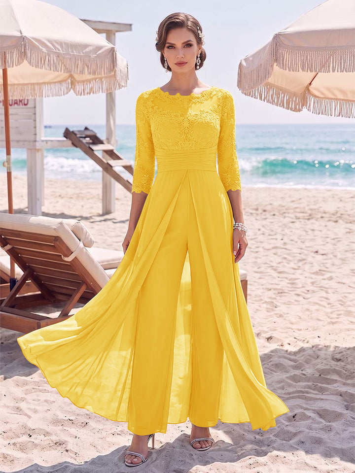 Jumpsuit Scoop 3/4 Sleeves Floor-Length Mother of the Bride Dresses with Applique &amp; Lace