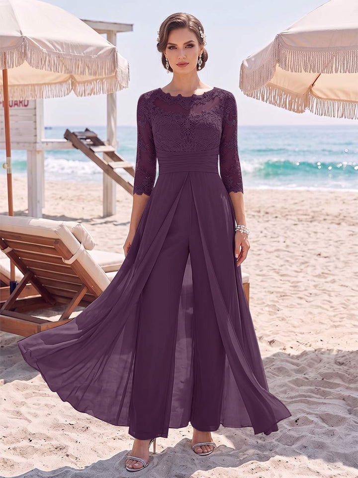 Jumpsuit Scoop 3/4 Sleeves Floor-Length Mother of the Bride Dresses with Applique &amp; Lace