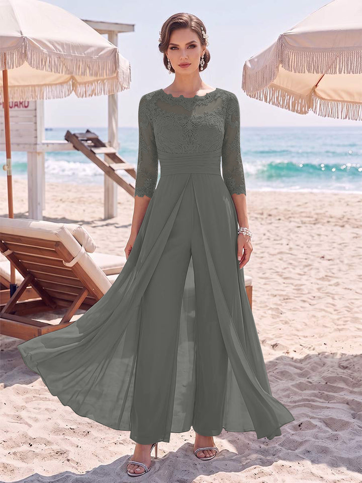 Jumpsuit Scoop 3/4 Sleeves Floor-Length Mother of the Bride Dresses with Applique &amp; Lace
