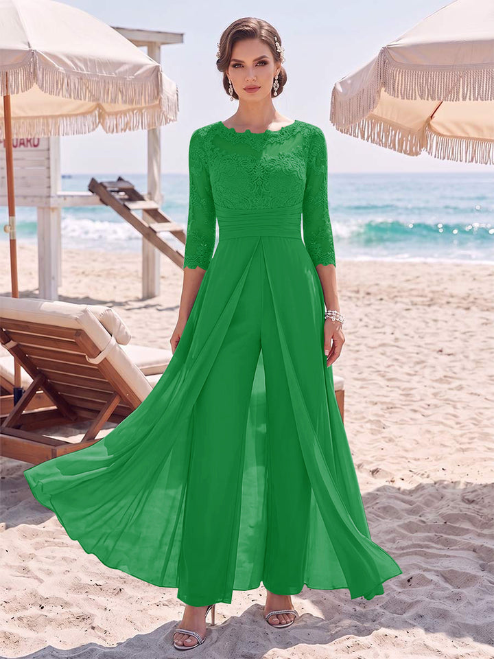 Jumpsuit Scoop 3/4 Sleeves Floor-Length Mother of the Bride Dresses with Applique &amp; Lace