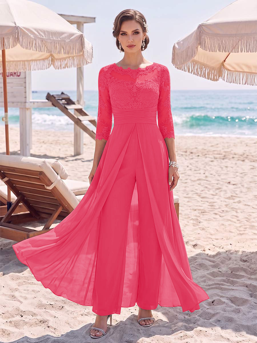 Jumpsuit Scoop 3/4 Sleeves Floor-Length Mother of the Bride Dresses with Applique &amp; Lace