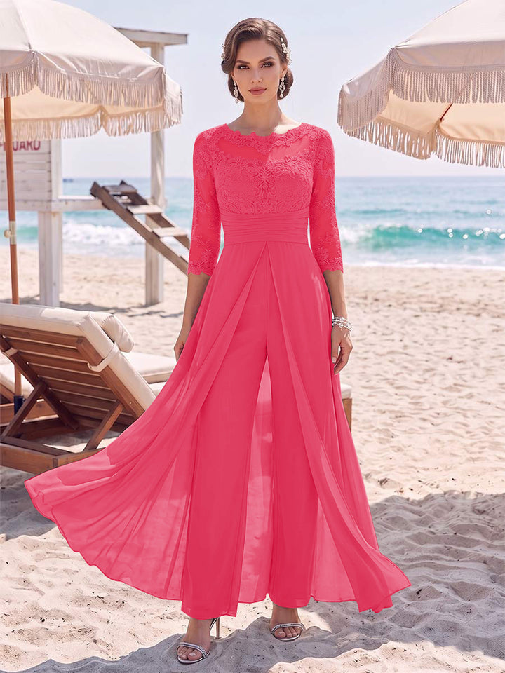 Jumpsuit Scoop 3/4 Sleeves Floor-Length Mother of the Bride Dresses with Applique &amp; Lace