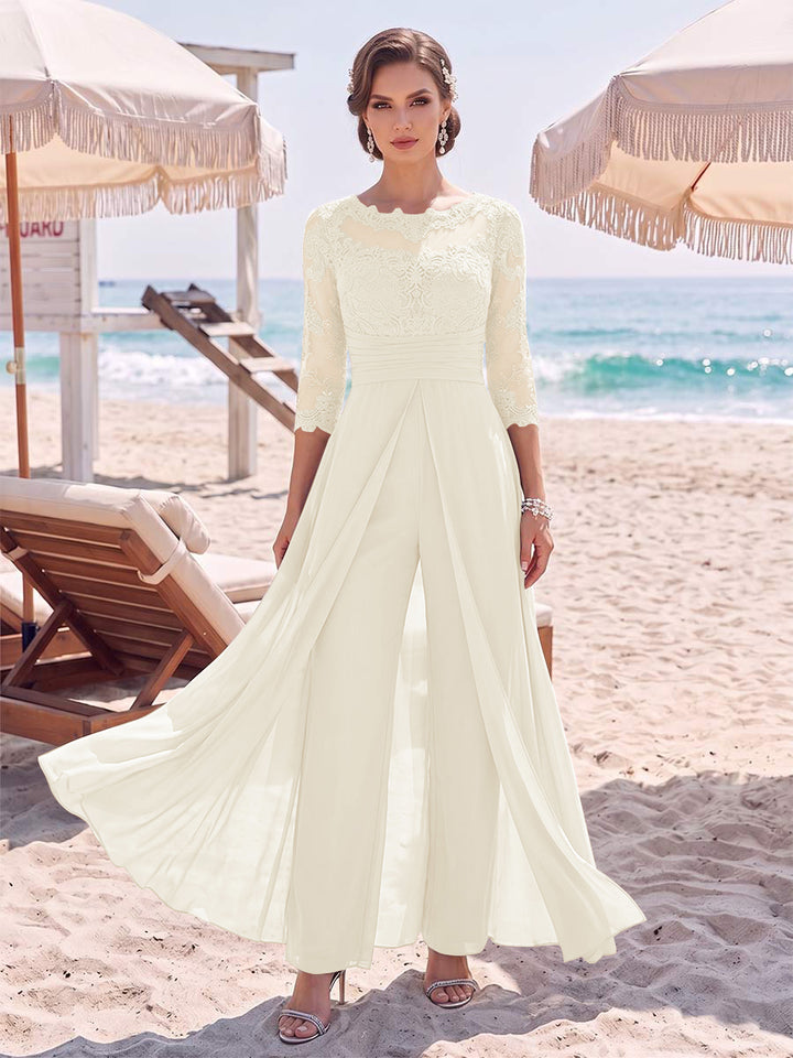 Jumpsuit Scoop 3/4 Sleeves Floor-Length Mother of the Bride Dresses with Applique &amp; Lace