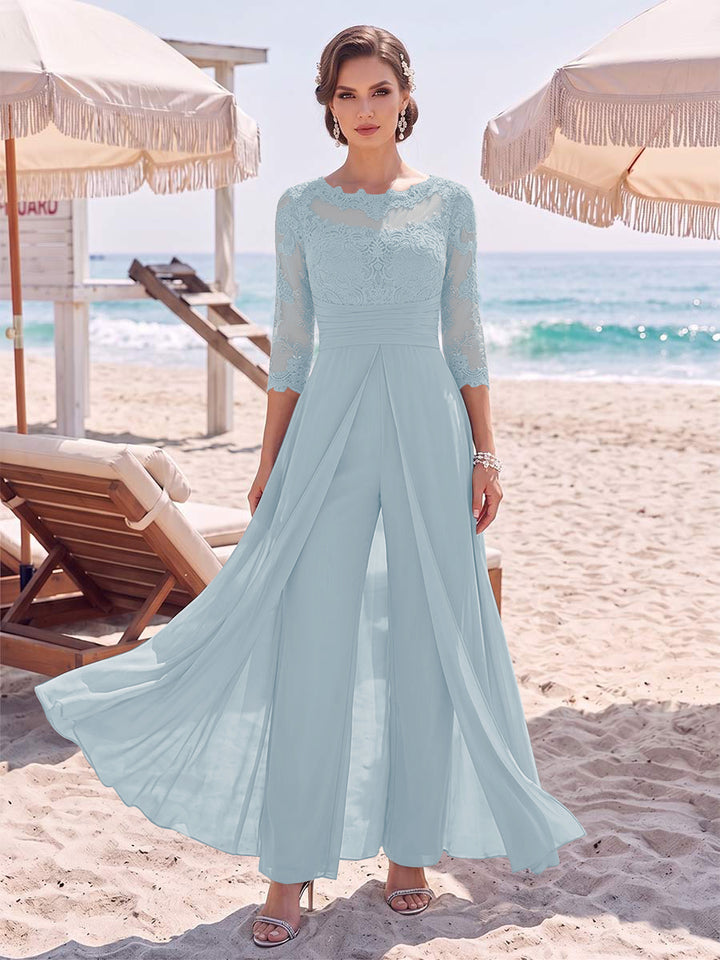 Jumpsuit Scoop 3/4 Sleeves Floor-Length Mother of the Bride Dresses with Applique &amp; Lace