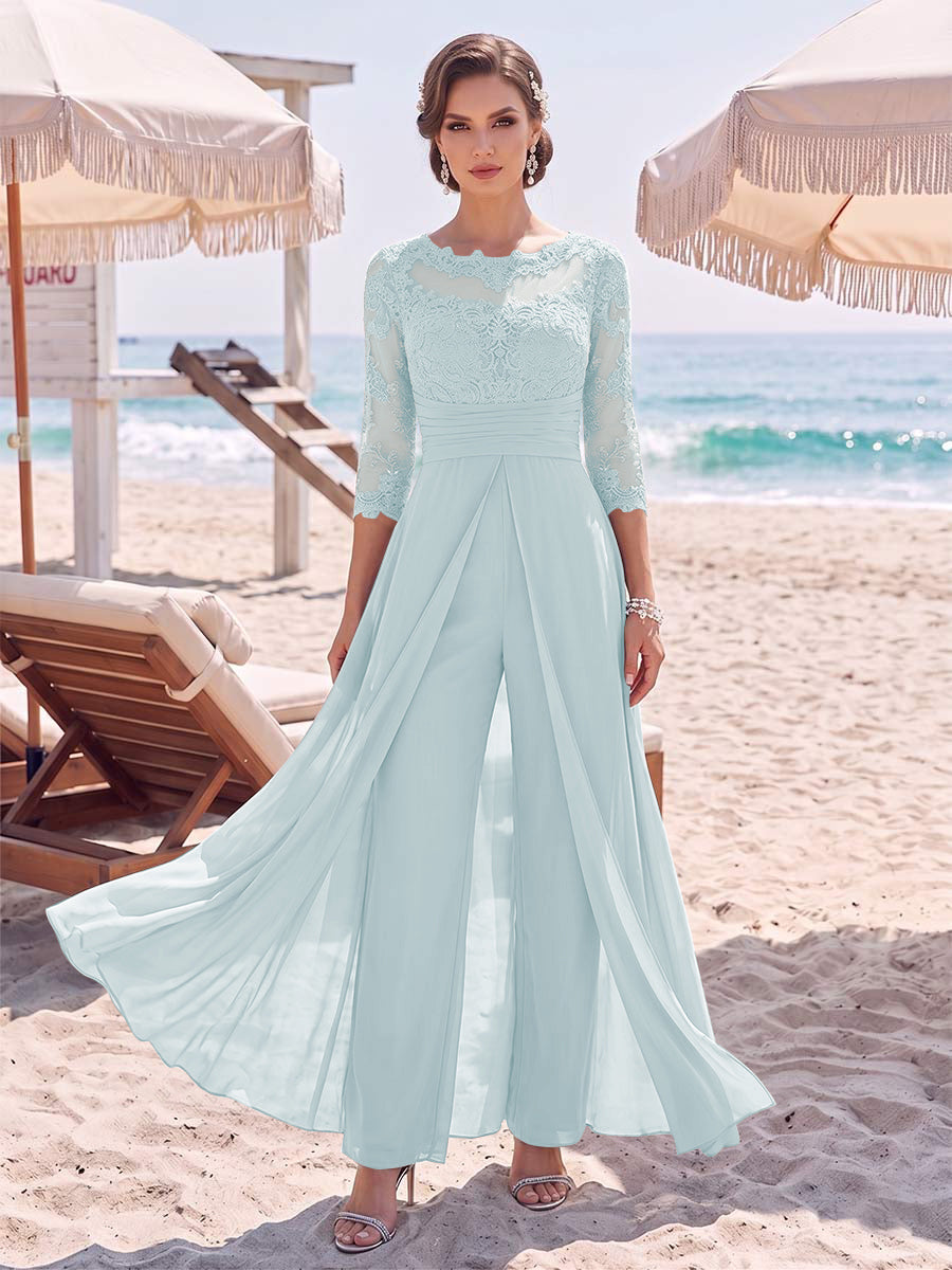 Jumpsuit Scoop 3/4 Sleeves Floor-Length Mother of the Bride Dresses with Applique &amp; Lace