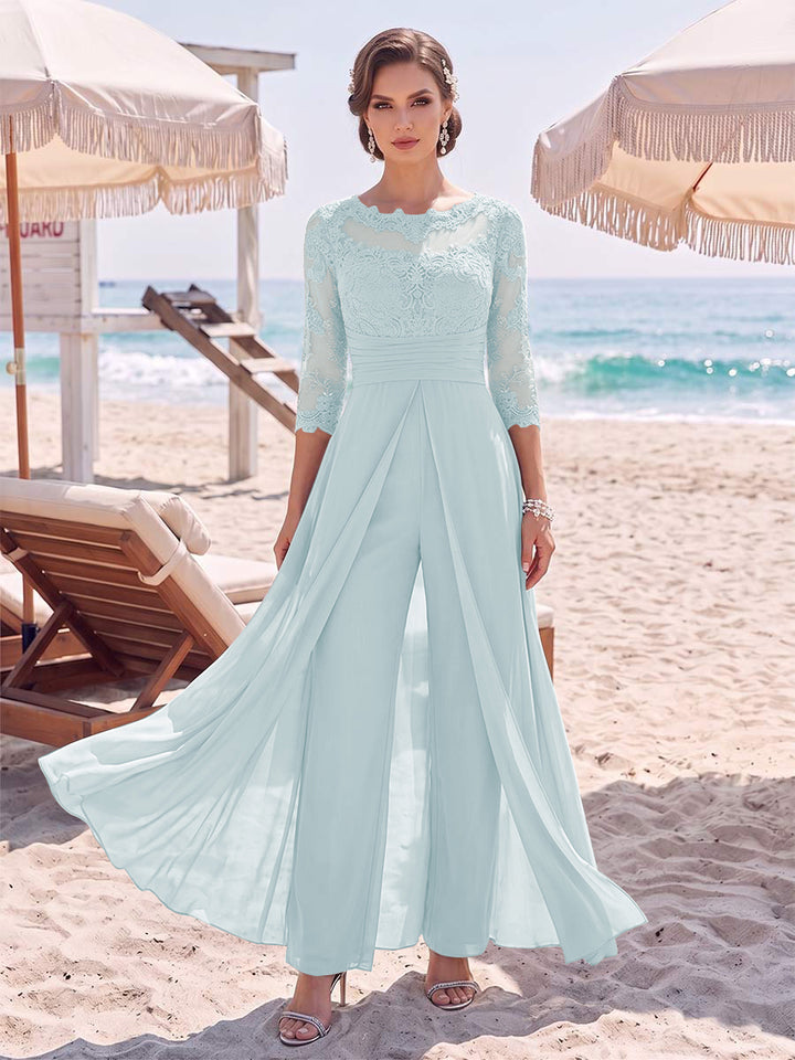Jumpsuit Scoop 3/4 Sleeves Floor-Length Mother of the Bride Dresses with Applique &amp; Lace