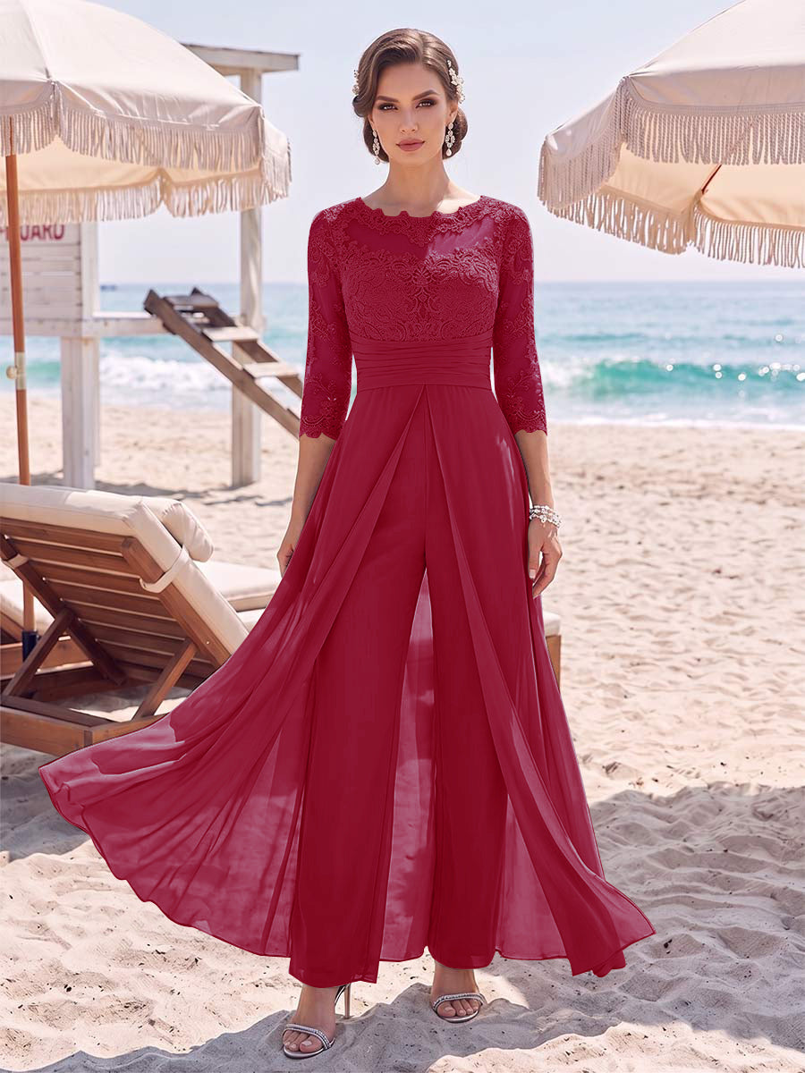 Jumpsuit Scoop 3/4 Sleeves Floor-Length Mother of the Bride Dresses with Applique &amp; Lace