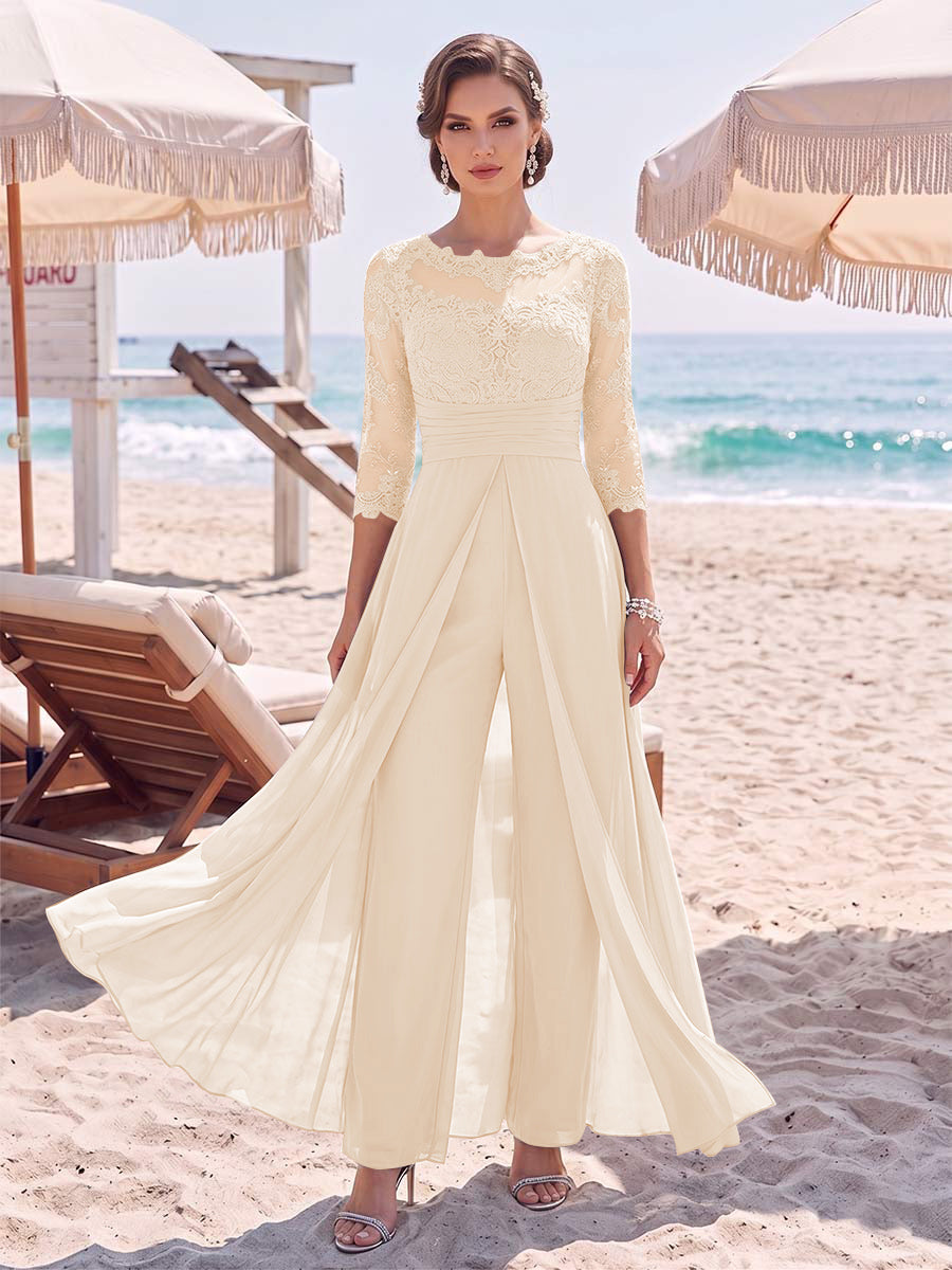 Jumpsuit Scoop 3/4 Sleeves Floor-Length Mother of the Bride Dresses with Applique &amp; Lace