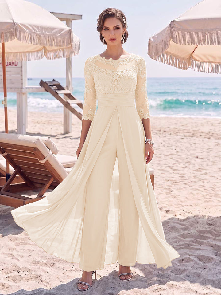 Jumpsuit Scoop 3/4 Sleeves Floor-Length Mother of the Bride Dresses with Applique &amp; Lace