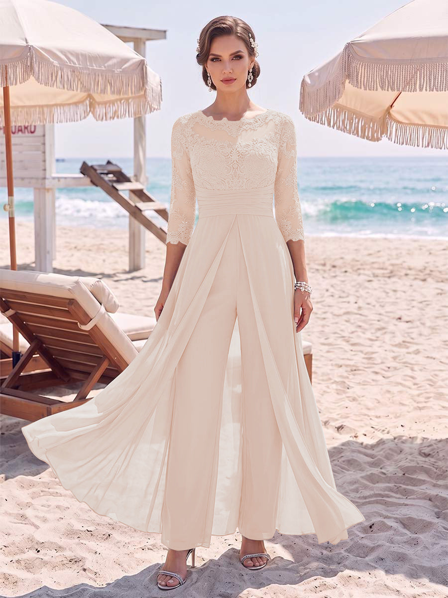 Jumpsuit Scoop 3/4 Sleeves Floor-Length Mother of the Bride Dresses with Applique &amp; Lace