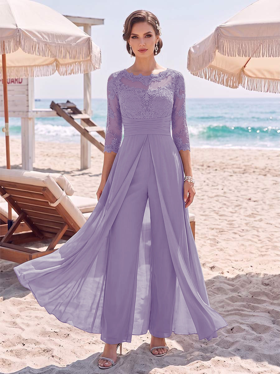 Jumpsuit Scoop 3/4 Sleeves Floor-Length Mother of the Bride Dresses with Applique &amp; Lace