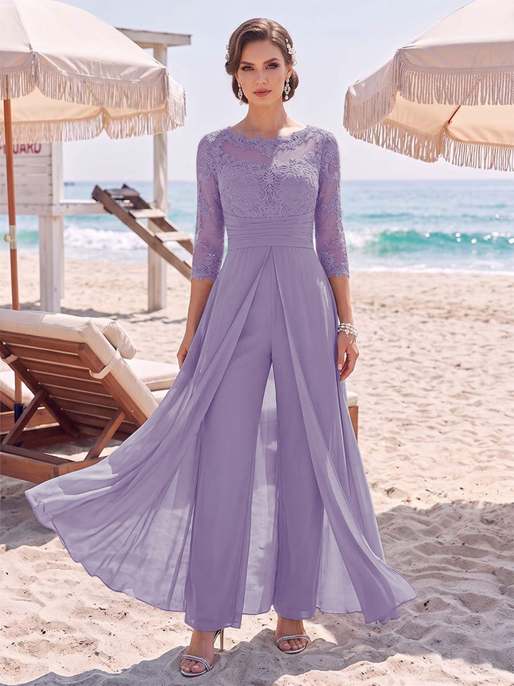 Jumpsuit Scoop 3/4 Sleeves Floor-Length Mother of the Bride Dresses with Applique &amp; Lace