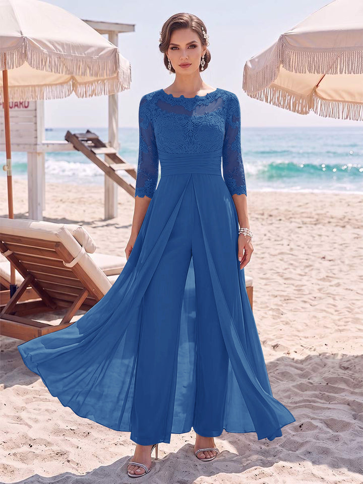 Jumpsuit Scoop 3/4 Sleeves Floor-Length Mother of the Bride Dresses with Applique &amp; Lace