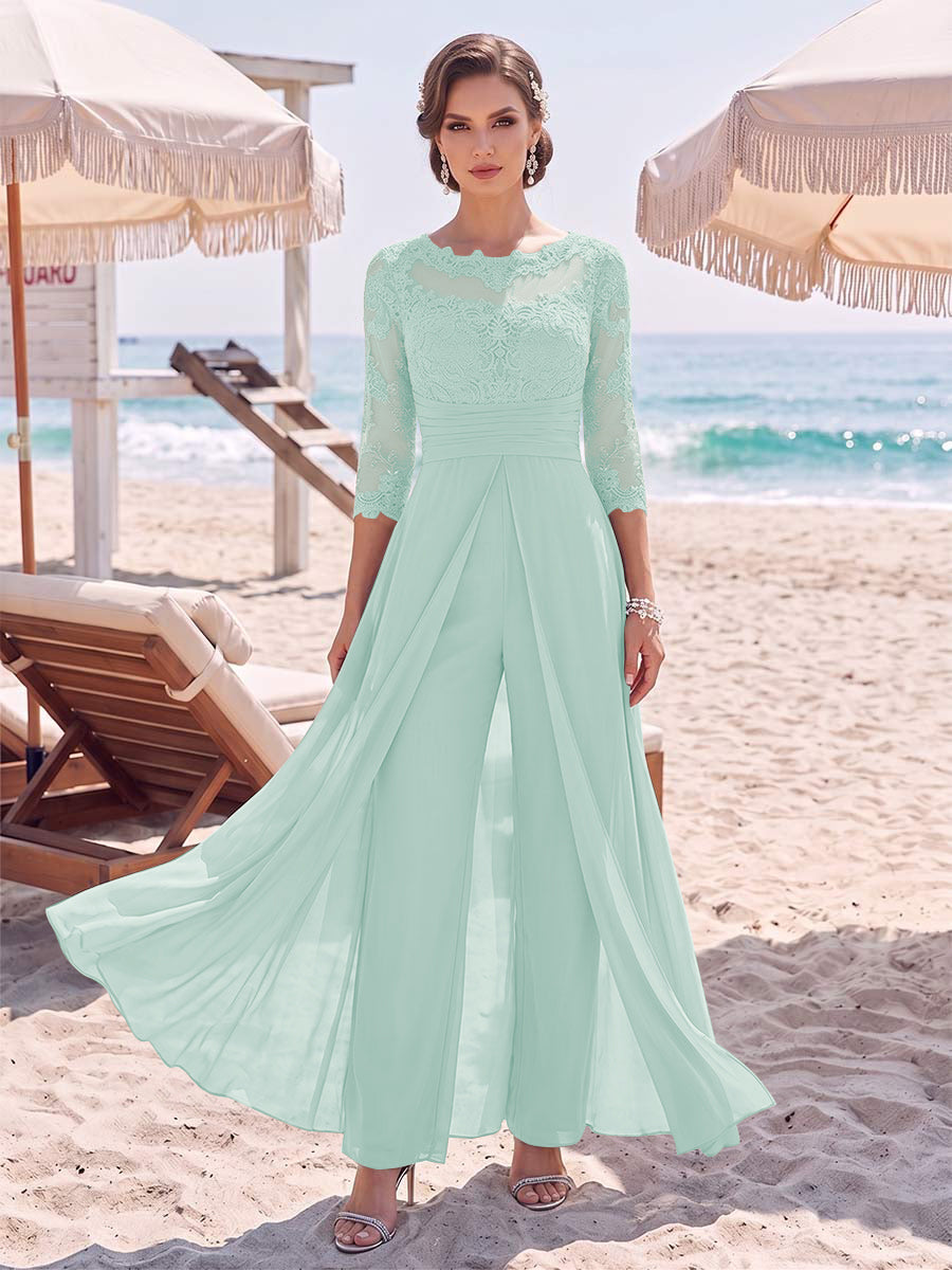 Jumpsuit Scoop 3/4 Sleeves Floor-Length Mother of the Bride Dresses with Applique &amp; Lace