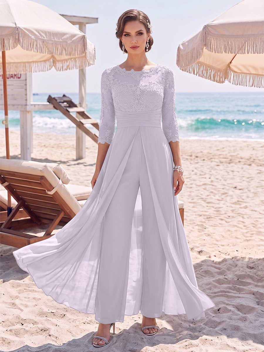 Jumpsuit Scoop 3/4 Sleeves Floor-Length Mother of the Bride Dresses with Applique &amp; Lace