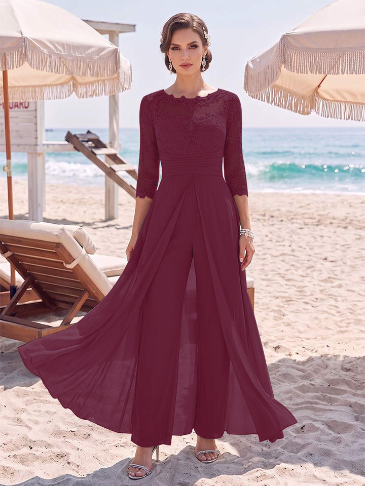Jumpsuit Scoop 3/4 Sleeves Floor-Length Mother of the Bride Dresses with Applique &amp; Lace