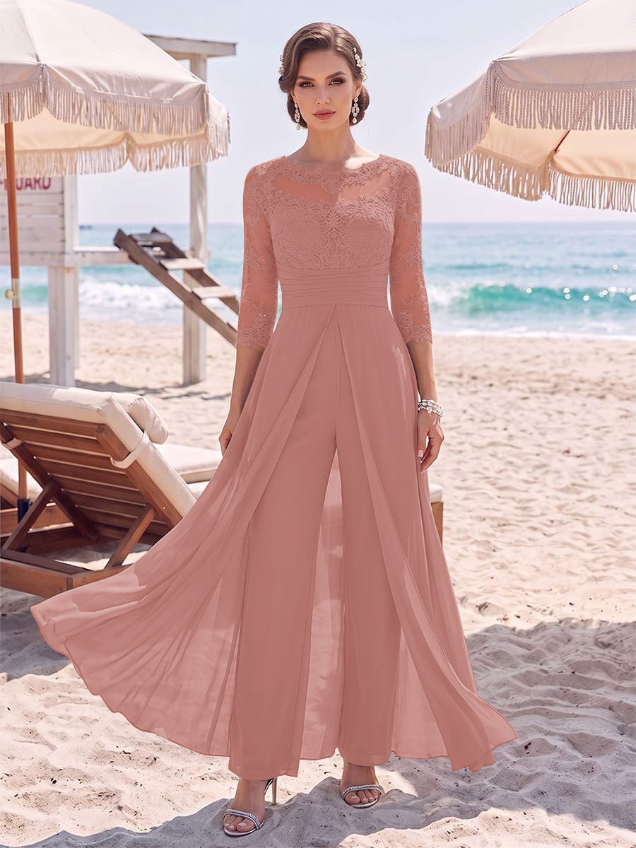 Jumpsuit Scoop 3/4 Sleeves Floor-Length Mother of the Bride Dresses with Applique & Lace