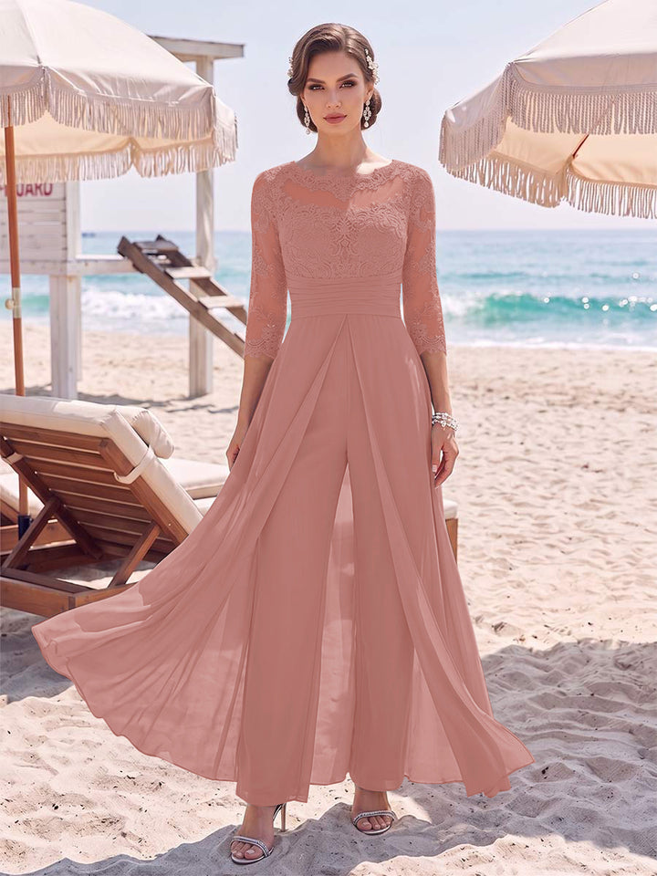 Jumpsuit Scoop 3/4 Sleeves Floor-Length Mother of the Bride Dresses with Applique &amp; Lace