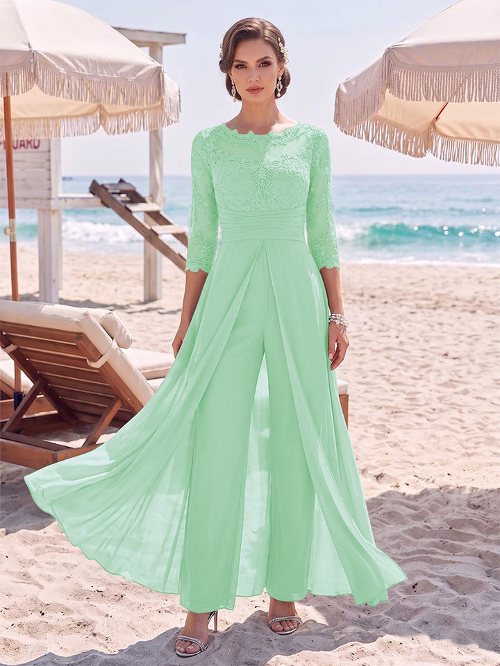 Jumpsuit Scoop 3/4 Sleeves Floor-Length Mother of the Bride Dresses with Applique &amp; Lace