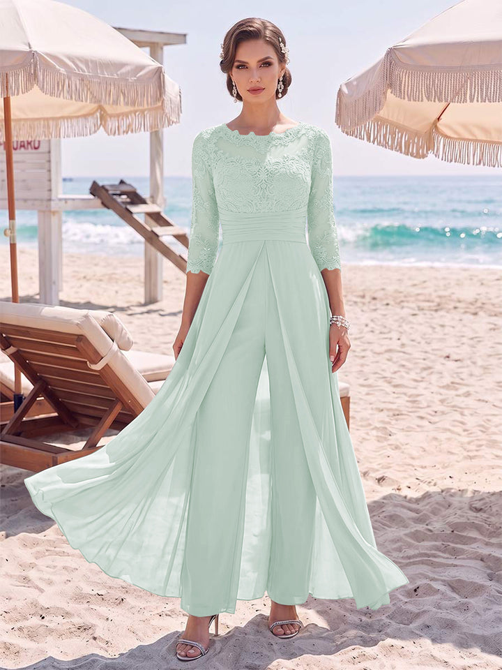 Jumpsuit Scoop 3/4 Sleeves Floor-Length Mother of the Bride Dresses with Applique &amp; Lace