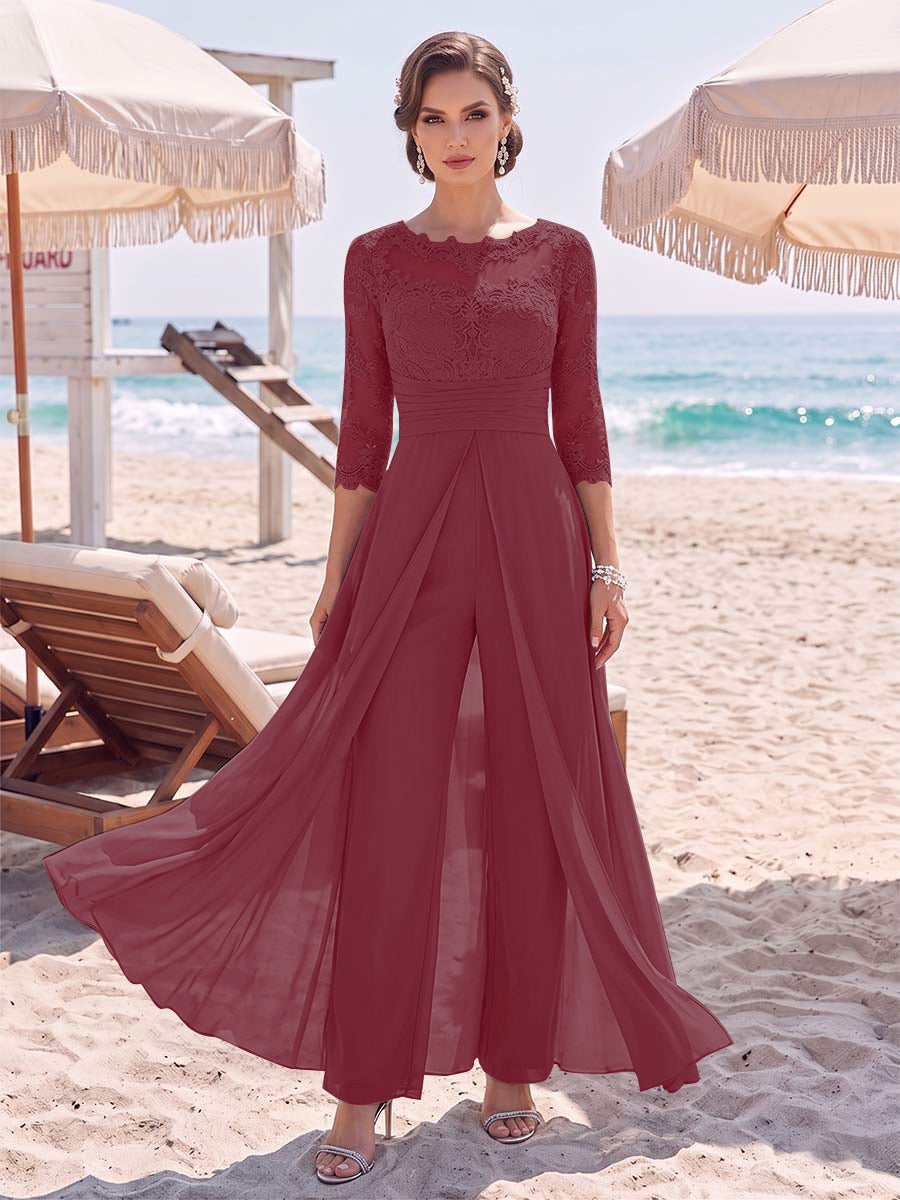 Jumpsuit Scoop 3/4 Sleeves Floor-Length Mother of the Bride Dresses with Applique & Lace