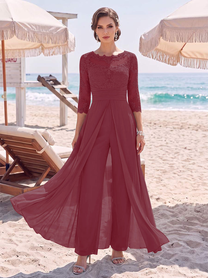 Jumpsuit Scoop 3/4 Sleeves Floor-Length Mother of the Bride Dresses with Applique &amp; Lace