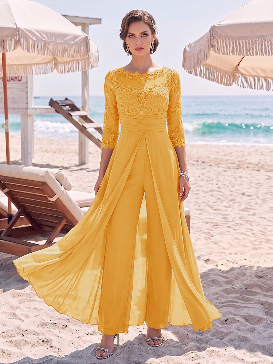 Jumpsuit Scoop 3/4 Sleeves Floor-Length Mother of the Bride Dresses with Applique &amp; Lace