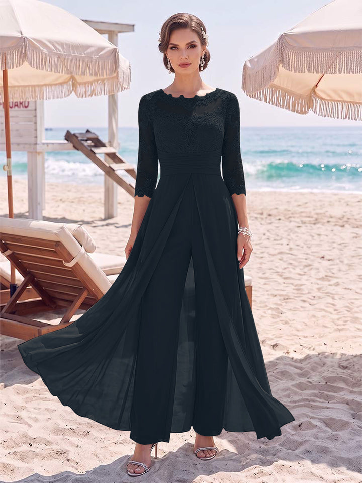 Jumpsuit Scoop 3/4 Sleeves Floor-Length Mother of the Bride Dresses with Applique &amp; Lace