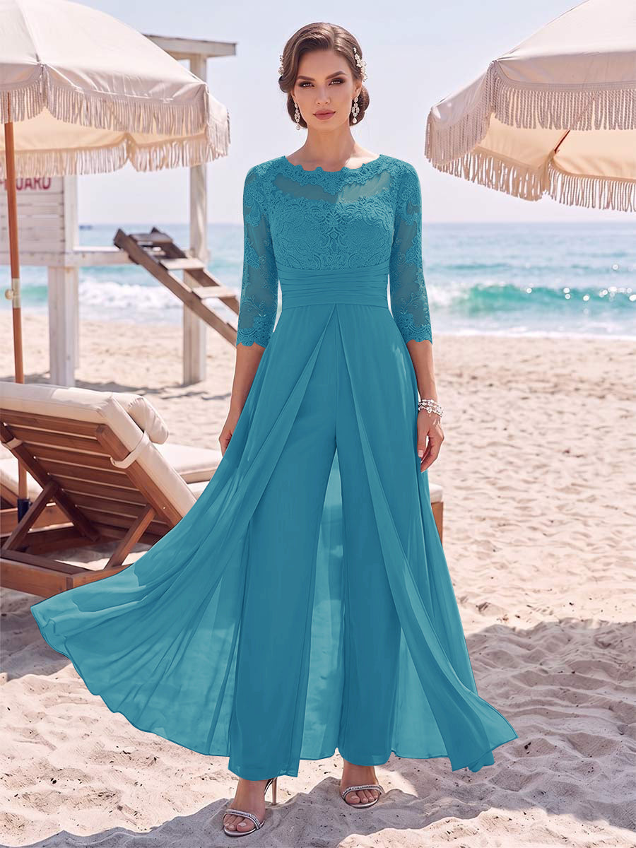 Jumpsuit Scoop 3/4 Sleeves Floor-Length Mother of the Bride Dresses with Applique &amp; Lace