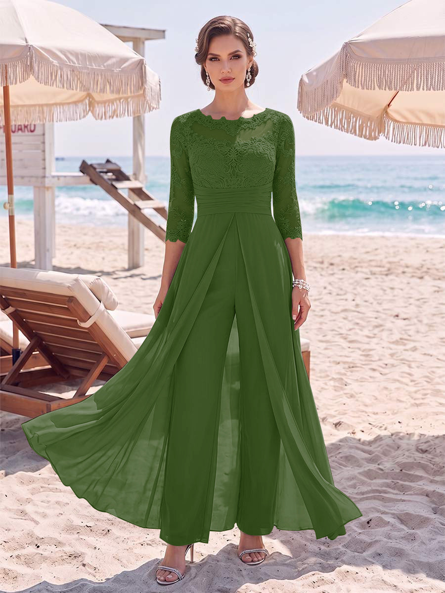 Jumpsuit Scoop 3/4 Sleeves Floor-Length Mother of the Bride Dresses with Applique &amp; Lace