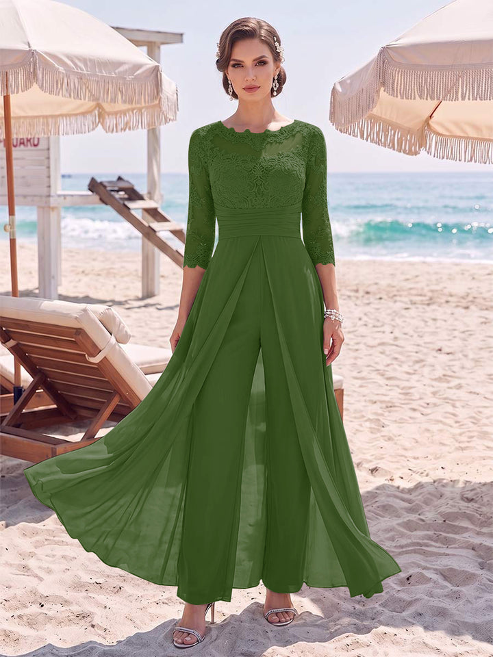 Jumpsuit Scoop 3/4 Sleeves Floor-Length Mother of the Bride Dresses with Applique &amp; Lace