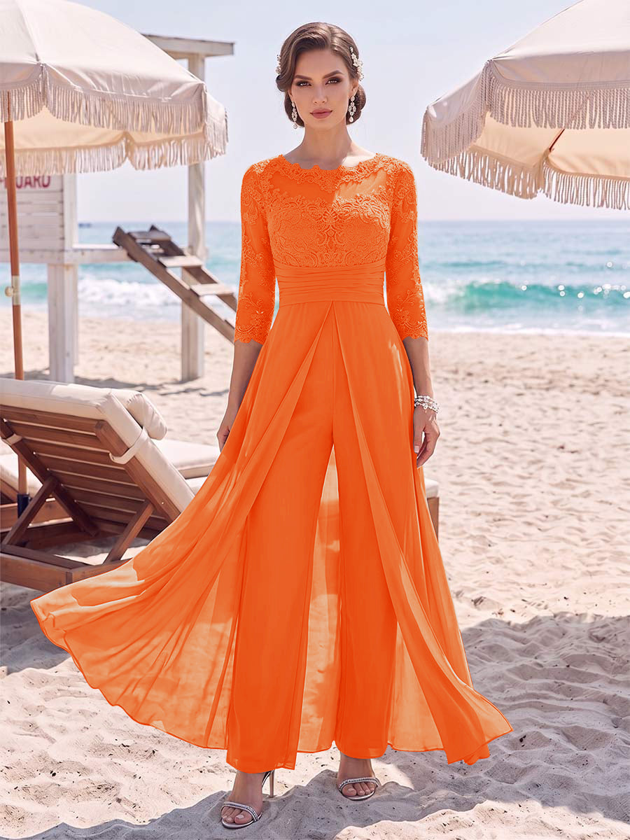 Jumpsuit Scoop 3/4 Sleeves Floor-Length Mother of the Bride Dresses with Applique &amp; Lace