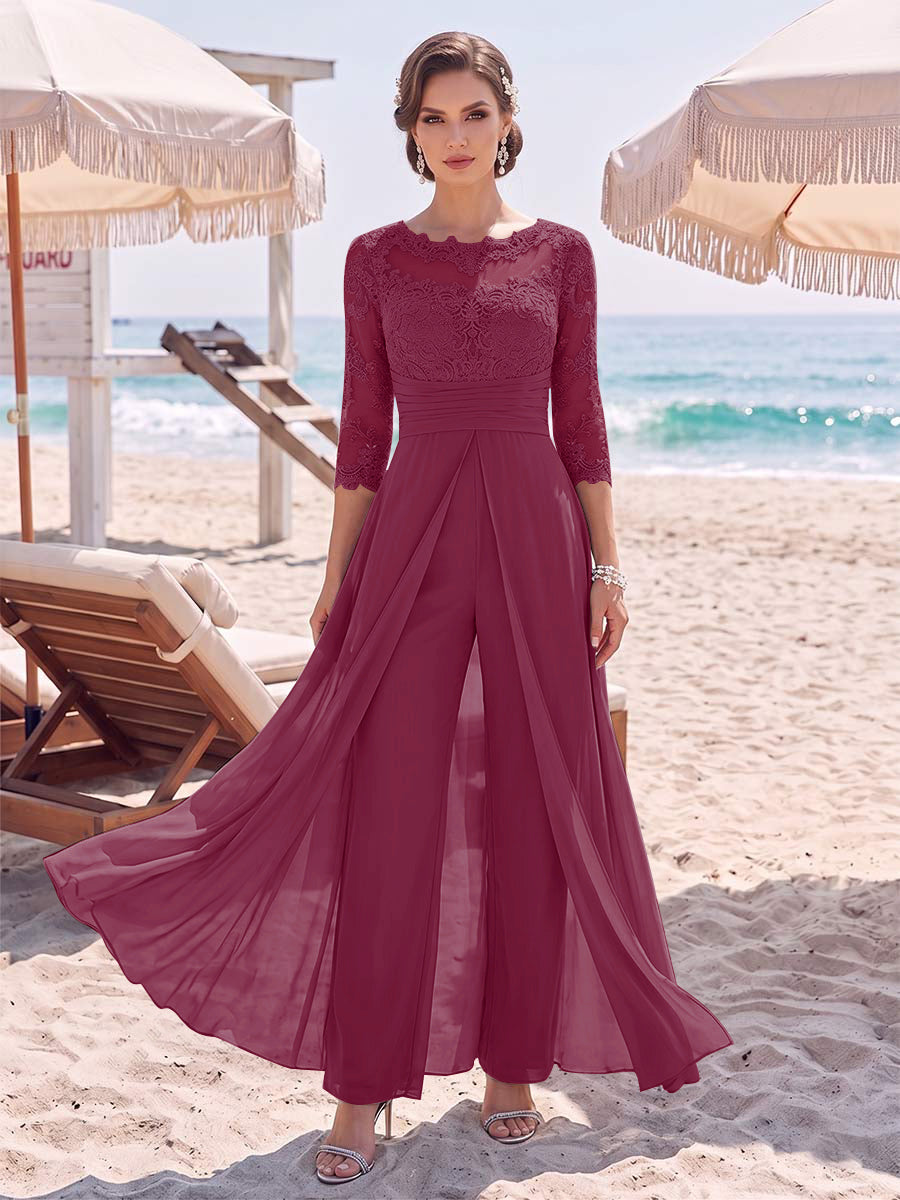 Jumpsuit Scoop 3/4 Sleeves Floor-Length Mother of the Bride Dresses with Applique & Lace