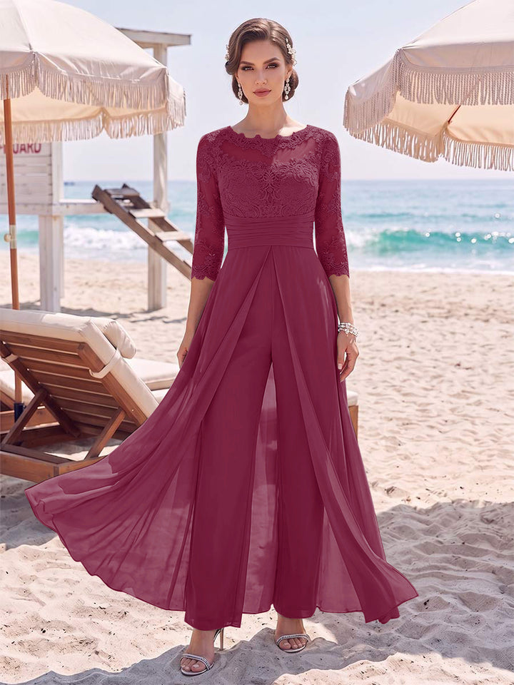Jumpsuit Scoop 3/4 Sleeves Floor-Length Mother of the Bride Dresses with Applique &amp; Lace
