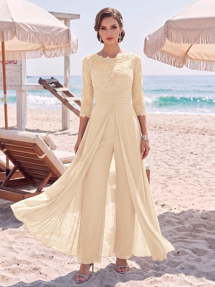 Jumpsuit Scoop 3/4 Sleeves Floor-Length Mother of the Bride Dresses with Applique &amp; Lace