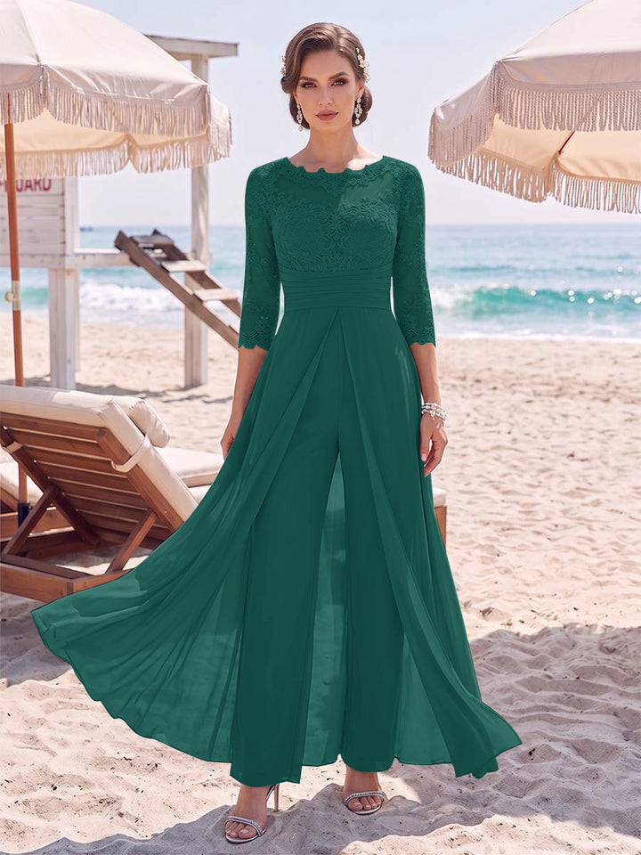 Jumpsuit Scoop 3/4 Sleeves Floor-Length Mother of the Bride Dresses with Applique &amp; Lace