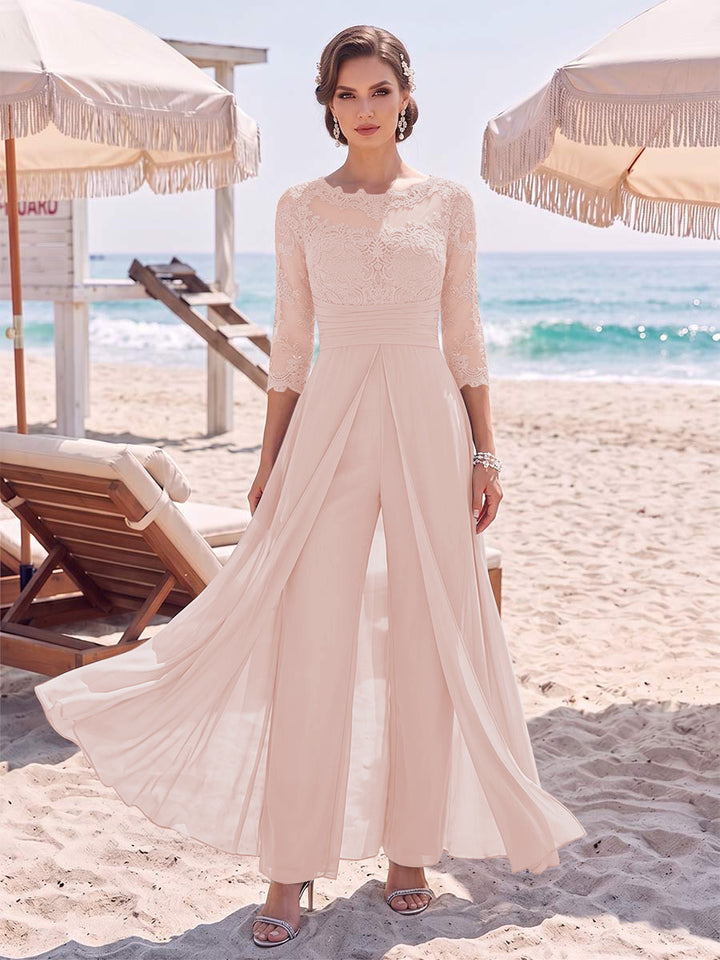 Jumpsuit Scoop 3/4 Sleeves Floor-Length Mother of the Bride Dresses with Applique &amp; Lace