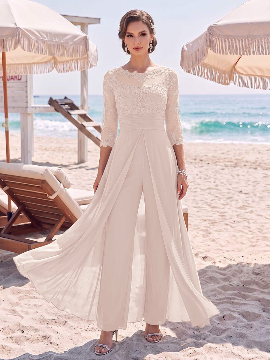 Jumpsuit Scoop 3/4 Sleeves Floor-Length Mother of the Bride Dresses with Applique &amp; Lace