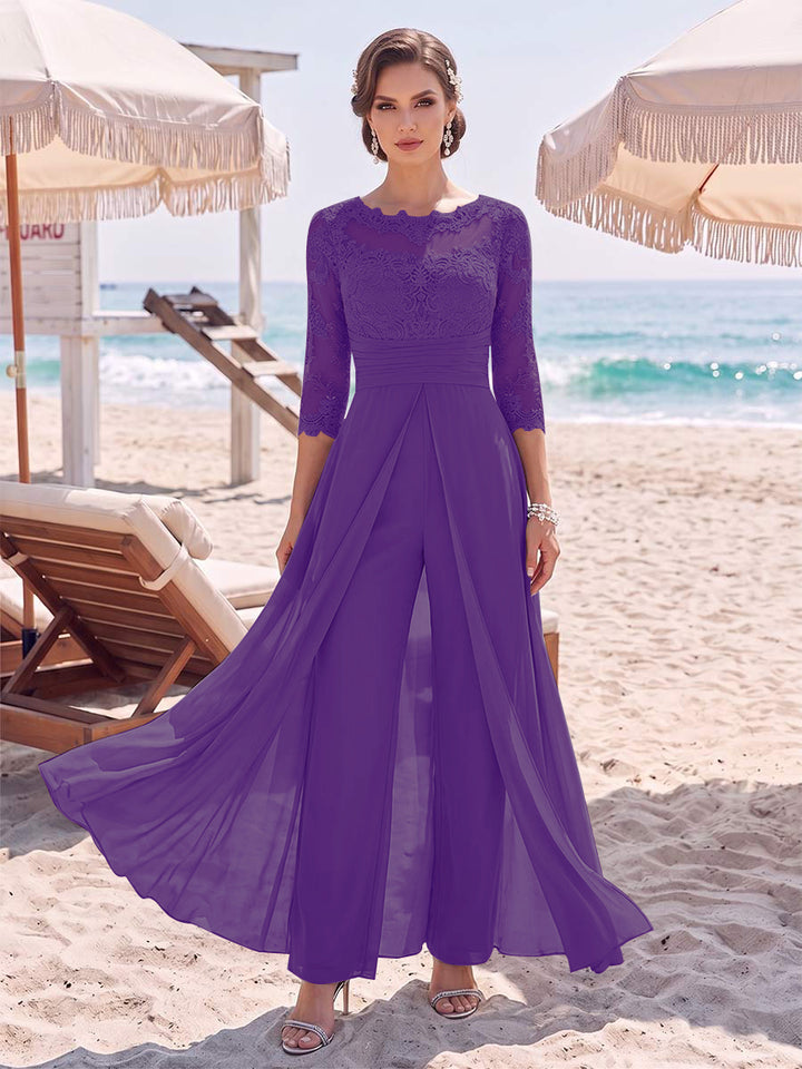Jumpsuit Scoop 3/4 Sleeves Floor-Length Mother of the Bride Dresses with Applique &amp; Lace