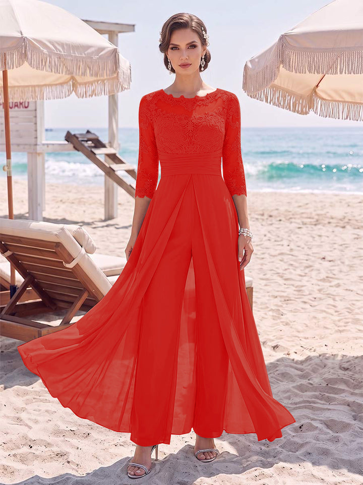 Jumpsuit Scoop 3/4 Sleeves Floor-Length Mother of the Bride Dresses with Applique &amp; Lace