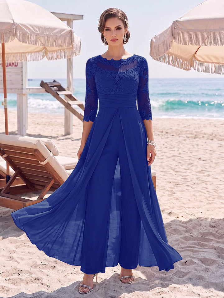 Jumpsuit Scoop 3/4 Sleeves Floor-Length Mother of the Bride Dresses with Applique &amp; Lace