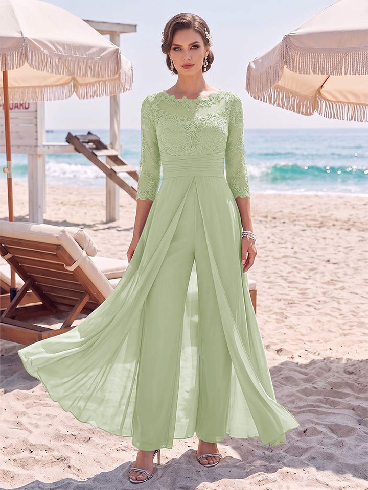 Jumpsuit Scoop 3/4 Sleeves Floor-Length Mother of the Bride Dresses with Applique &amp; Lace