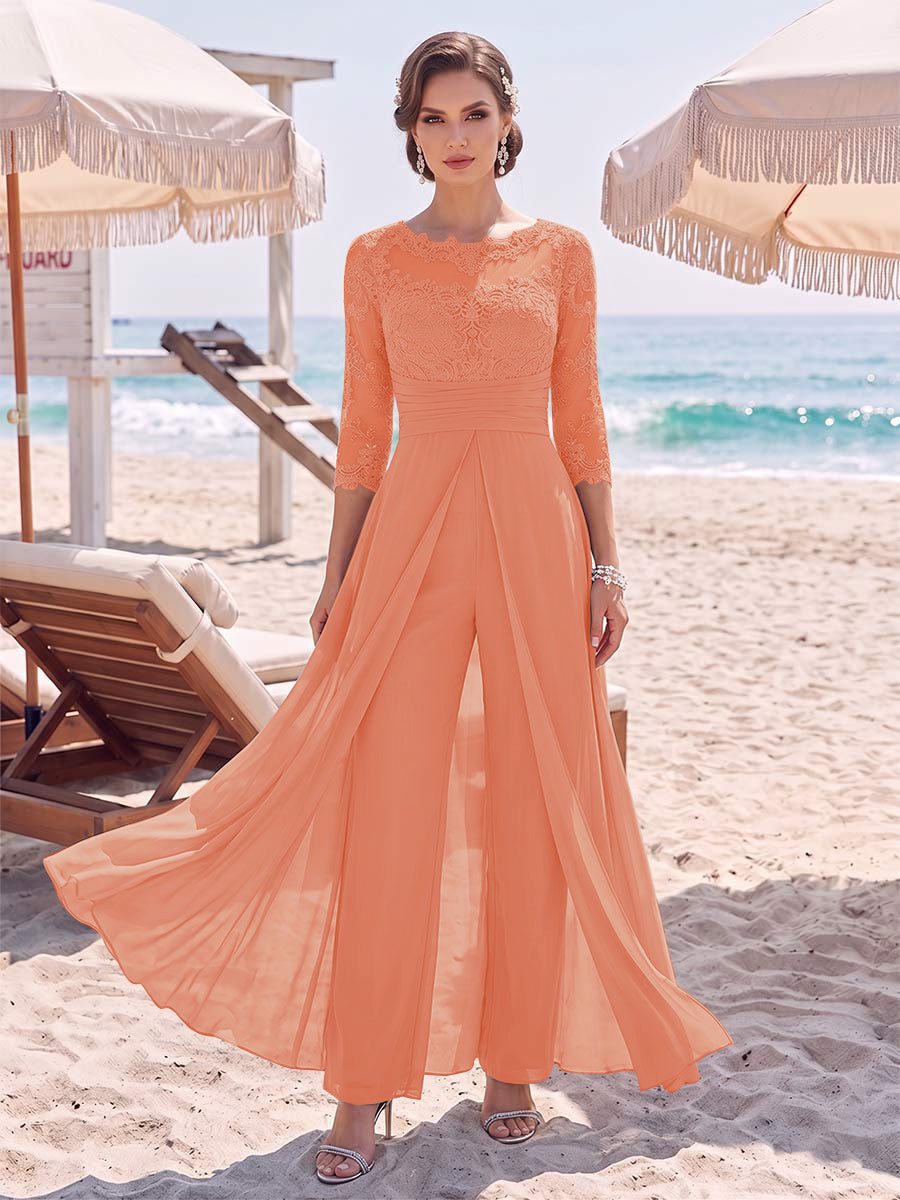 Jumpsuit Scoop 3/4 Sleeves Floor-Length Mother of the Bride Dresses with Applique &amp; Lace