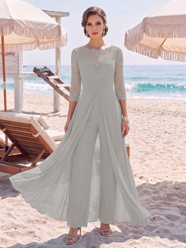 Jumpsuit Scoop 3/4 Sleeves Floor-Length Mother of the Bride Dresses with Applique &amp; Lace
