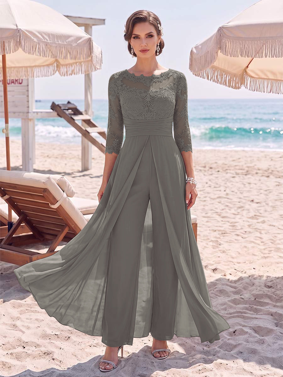 Jumpsuit Scoop 3/4 Sleeves Floor-Length Mother of the Bride Dresses with Applique &amp; Lace